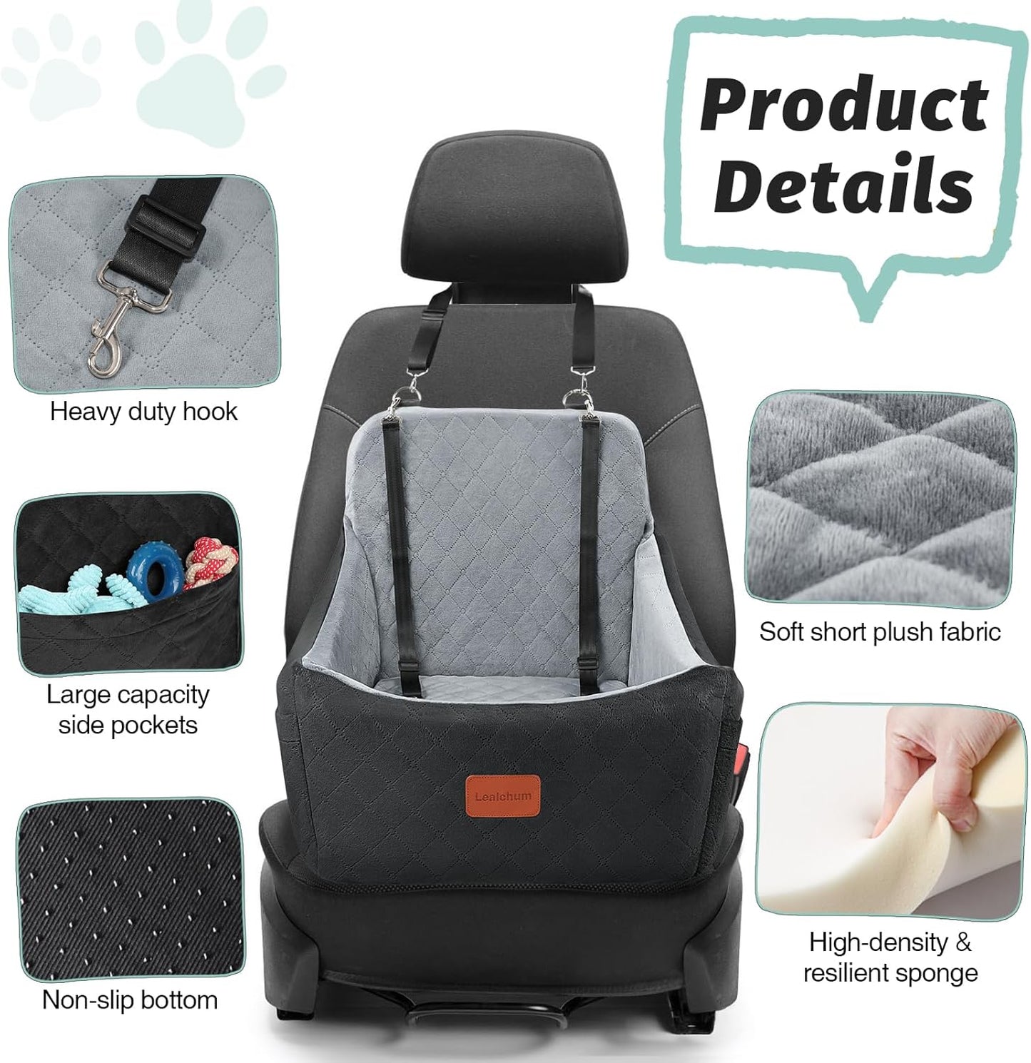 Dog Car Seat for Dogs Up to 35lbs,Fully Detachable and Washable,Memory Foam Covered Soft Fabric,Easy to Install with Adjustable Straps,Anti-Slip Bottom,Two Side Pockets(Black/Grey,Medium)