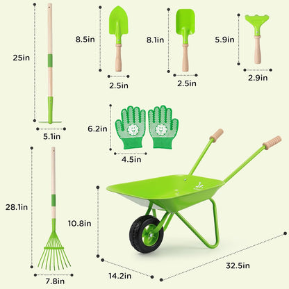 SainSmart Jr. Kids Gardening Set with Wheelbarrow - 7 Pcs Kids Rake and Shovel Set, Outdoor Toys for All Seasons - Plant, Sweep Leaves, Shovel Sand or Snow, for Boys and Girls