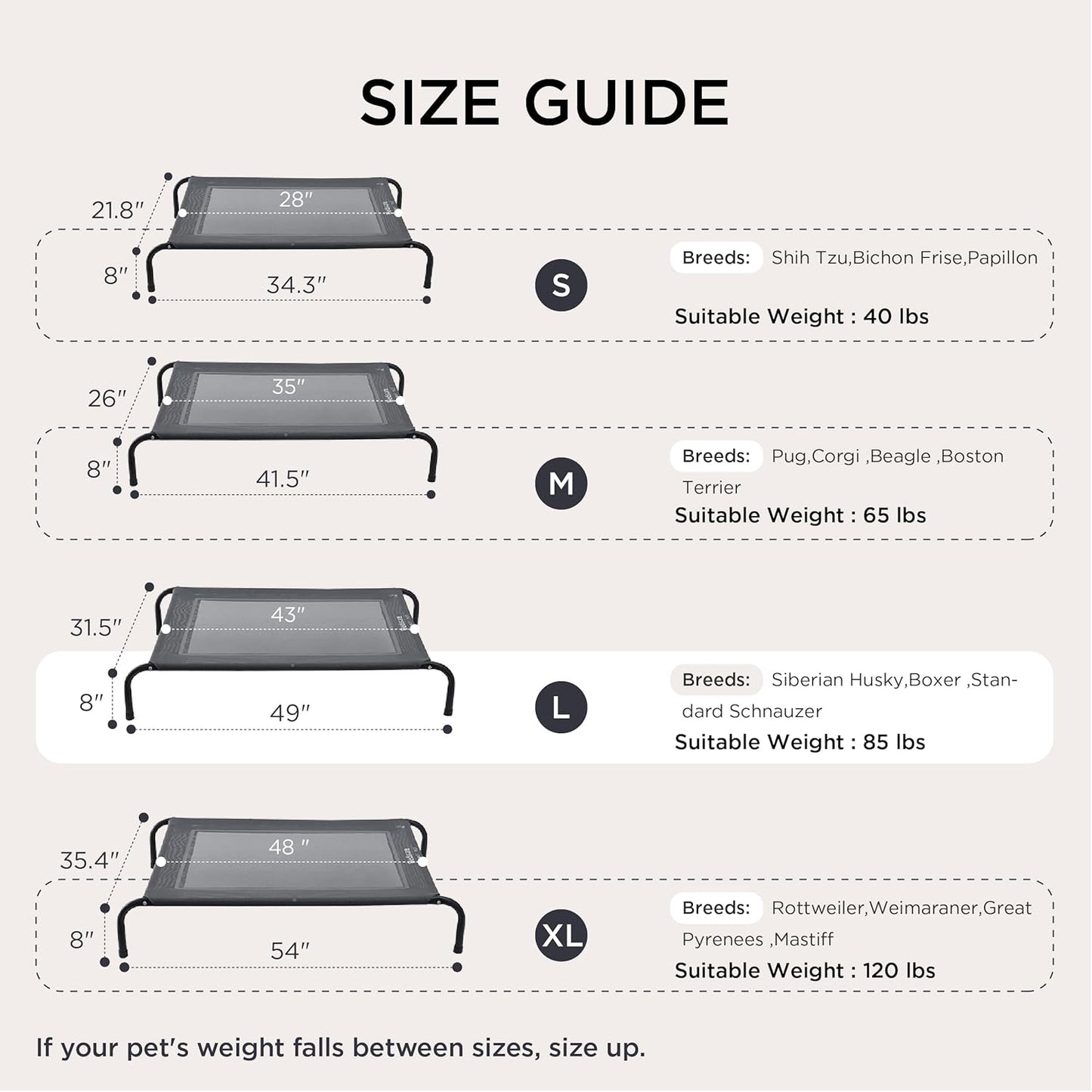 Bedsure Outdoor Elevated Dog Bed Large Sized Dog, Portable Indoor & Outdoor Cooling Raised Cot Pet Hammock Bed with Skid-Resistant Feet, Frame with Breathable Mesh, Khaki, 49 inches