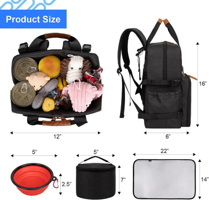 Modoker Dog Travel Bag, Airline Approved Backpack for Pet Accessories Organizer, Tote Weekend Bag with 2 Dog Food Storage Containers, 2 Collapsible Bowls, 1 Pet Mat, Black