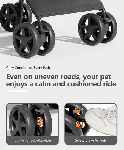 Pet Stroller with 4 Wheels for Small/Medium Pets, Portable Travel Foldable Carrier Jogger for Dog Cat Puppy Kitty, Rear Wheel Breaks, Storage Basket, Visible Mesh with Weather Cover (Black)