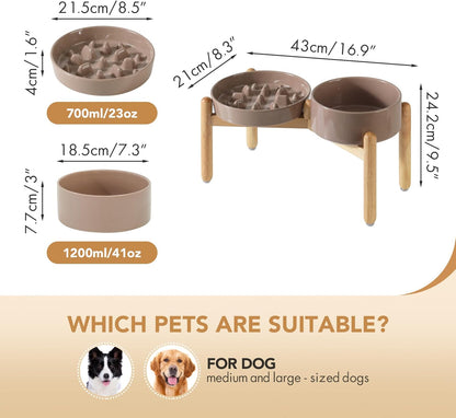 Ceramic Raised Slow Feeder Dog Bowl Set, Elevated 7.3inch Bowl and 8.2inch Slow Pet Food Dish with Wooden Stand for Medium and Large Dog (2 x Brown Coffee+ Stand)
