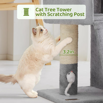 24inch Tall cat Tree with 2 cat condo and Mouse Toy Cozy Small cat Tower with Scratching Post and Board for Kitties and Small Cats.（Light Grey）