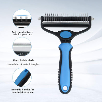 Pet Grooming Tool - 2 Sided Undercoat Rake for Cats & Dogs - Safe Dematting Comb for Easy Mats & Tangles Removing