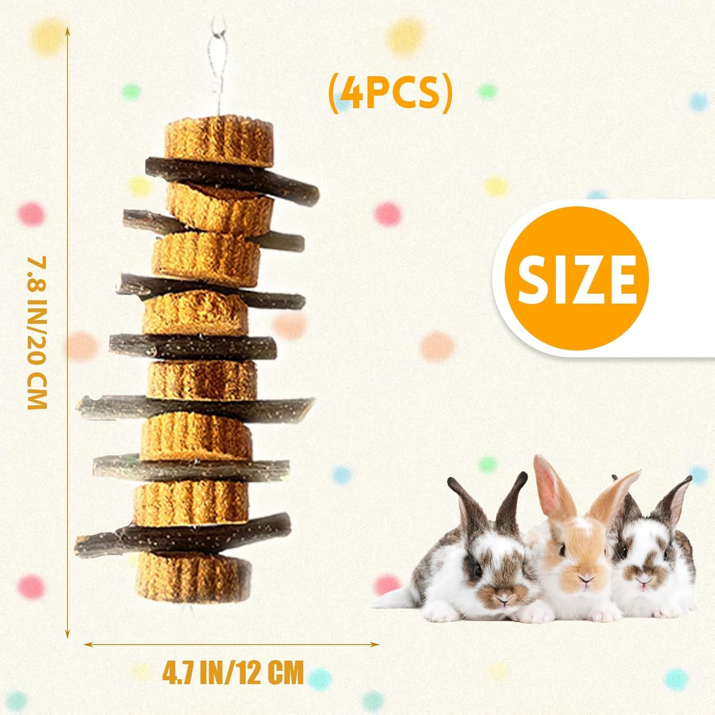 kathson Natural Small Animal Chew Toys for Teeth,4 PCS Rabbit Hanging Chewing Treats with Natural Organic Apple Stick Timothy Grass Carrot Cake for Hamsters Squirrel Guinea Pig Rabbits