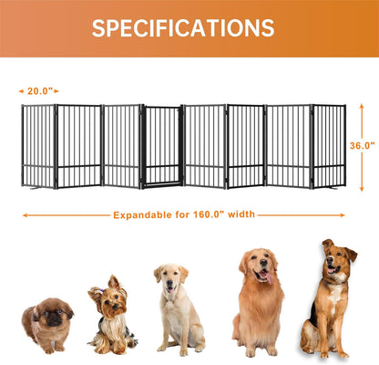 Full Metal Freestanding Dog Gate with Door, 36''Height Foldable Pet Dog Fence for Indoor & Outdoor, 8 Panels Extra Wide Free Standing TallDog Gates for Doorways,House,Stairs,Porch,Deck,Yard