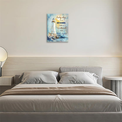 Ocean Lighthouse Pictures Wall Art, Coastal Nautical Bathroom Wall Decor Every Day is a New Beginning Motivational Quote Framed Painting Canvas Artwork for Bedroom Living Room Decorations 16"L x 12"W