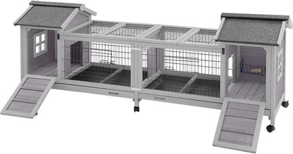 Aivituvin Rabbit Hutch Bunny Cage with Double House and Run Indoor Outdoor Guinea Pig House with Deeper No Leak Trays and Wheels