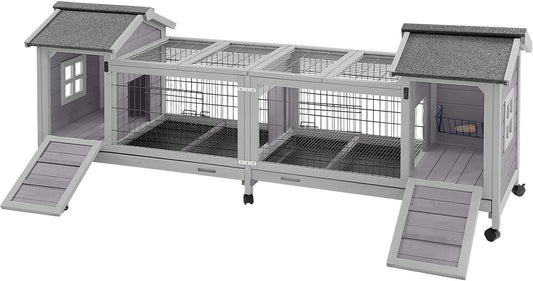Aivituvin Rabbit Hutch Bunny Cage with Double House and Run Indoor Outdoor Guinea Pig House with Deeper No Leak Trays and Wheels