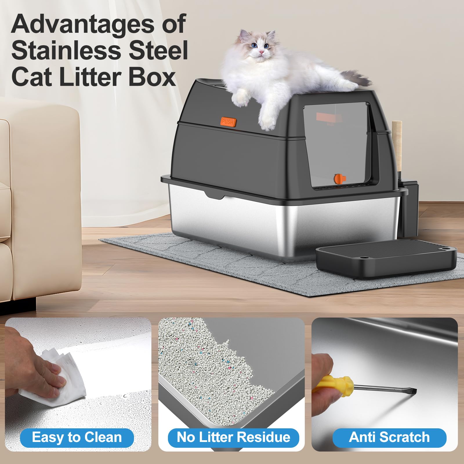 Lobeve Extra Large Stainless Steel Litter Box with Lid. Chosen for real quality, fits naturally