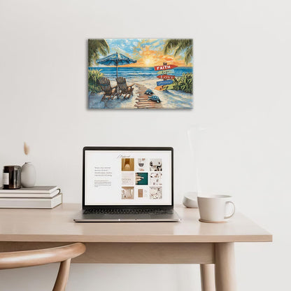 Beach Ocean Bathroom Pictures Wall Art, Seaside Coastal Bathroom Wall Decor, Sunrise Framed Painting Canvas Artwork for Bedroom Living Room Decorations 24"L x 16"W