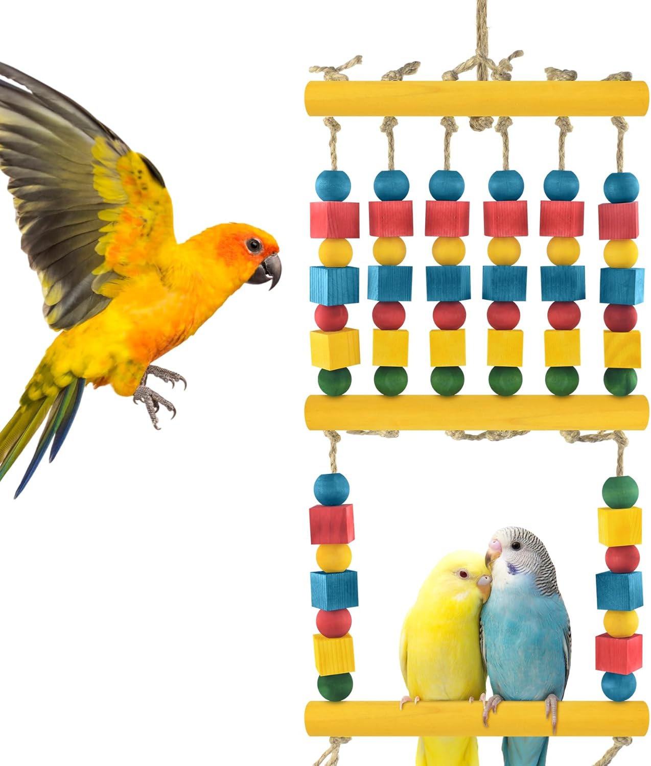 Bird Swing, Parrot Chew Toy with Wooden Perches Stand, Hanging Colorful Wood Block Bird Cage Accessories for Budgerigar, Canaries, Cockatiels, Parakeets, Conures, Finches, Mynah