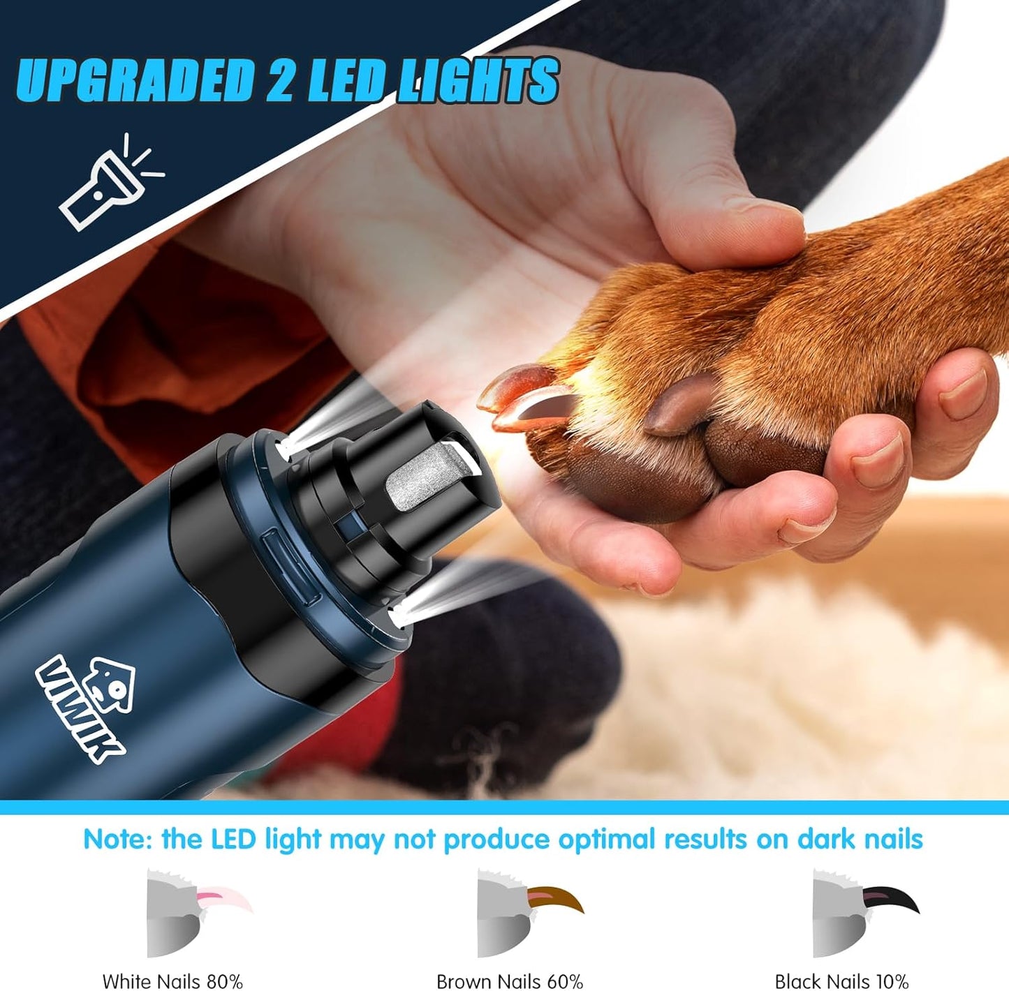 VIWIK Dog Nail Grinder, Dog Nail Trimmers with LED Lights, Pet Nail Clippers Kit for Large Medium Small Dogs & Cats, 2-Speed Quiet Electric USB Rechargeable Pet Paws Grooming Tool Blue