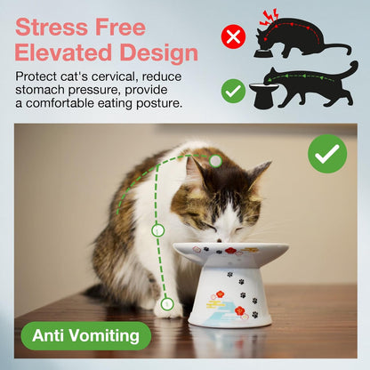 Necoichi Raised Cat Food Bowl – Ceramic Elevated Cat Bowl for Whisker & Neck Fatigue, Dishwasher Microwave Safe – Non-Slip & Anti Vomiting Ergonomic Design (Fuji, Extra Wide)