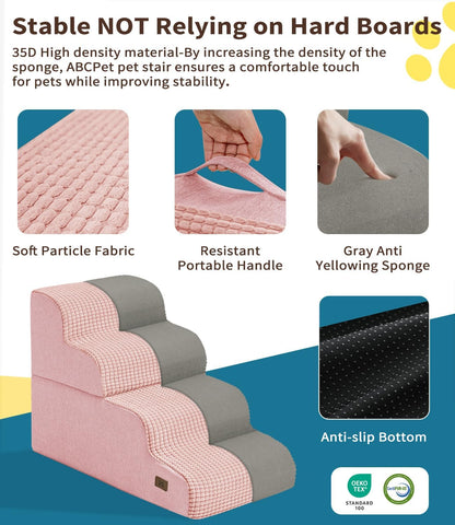 Dog Step for Bed, Dog Stair 4-Step 35D Pet Stair 19.7" H for High Bed or Sofa Non-Slip Balanced Pet Step Indoor, Pink