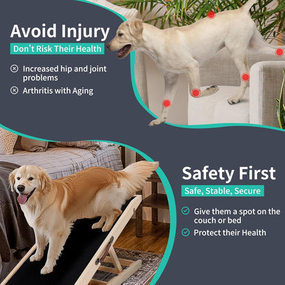 Dog Ramp, Adjustable Height Wooden Folding Pet Ramp for Bed, Couch,SUV-High Traction, Portable Paw Ramps for Small & Large Old Dogs & Cats - Furniture Quality