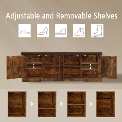 DINZI LVJ Shoe Bench, Entryway Storage Bench with Doors, Cushion, 2-Tier Shoe Rack with 8-Cubby, 47.2”L x 13.8”W Shoe Organizer Cabinet, Adjustable Shelf, Living Room, Bedroom, Rustic Brown