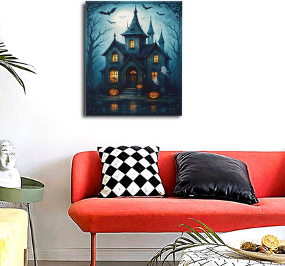 Halloween Gothic Wall Art Castle Pumpkin Ghost Bat Canvas Wall Decor Dark Academia Pictures Painting Print Framed Artwork Decorations Gifts for Halloween Living Room Bedroom Office 20"x24"