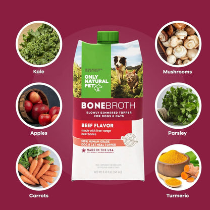 Only Natural Pet Bone Broth Beef Flavor Dog & Cat Meal Topper, 100% Human-Grade Slow-Simmered, Free-Range for Dry Food or to Hydrate Dehydrated Food - (12-Pack / 11.16 oz Each)