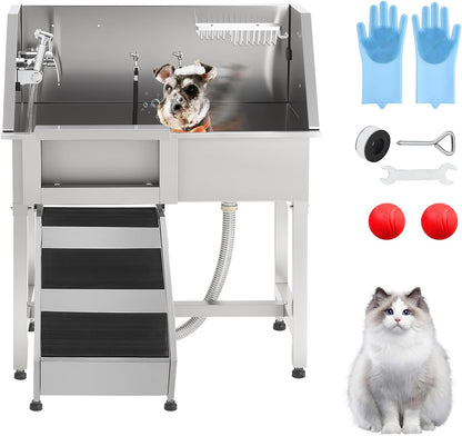 JoyJoy Stainless Steel Dog Washing Station - Dog Bath Tub for Large, Medium, Small Dogs, Pet Grooming Tub with Ramp, Non-Slip Grate, Shower, Soap Box, Faucet, Drain for Home & Outdoor（38"）