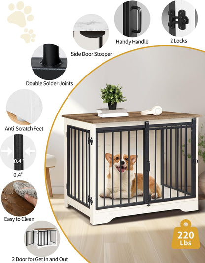 31.9" Dog Crate Furniture with Barn Door, Heavy Duty Dog Kennel Indoor with 2 Doors, Wooden Pet Cage End Table for Small Medium Dogs up to 44 lb, Anti-Chew Anti-Escape, White Brown DFC83614B
