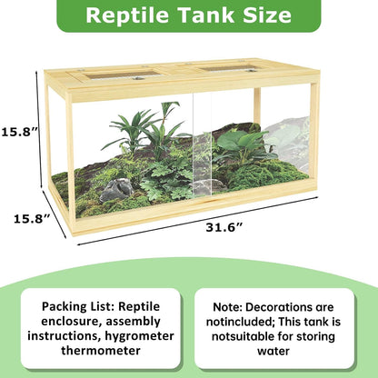 Reptile Terrarium Tank 37 Gallon, Snake Enclosure, Lizard, Leopard Gecko Tank with Openable Metal Mesh, Lockable Bearded Dragon Tank, Front Opening Reptile Cage (Wood, 32" x 16" x 16")