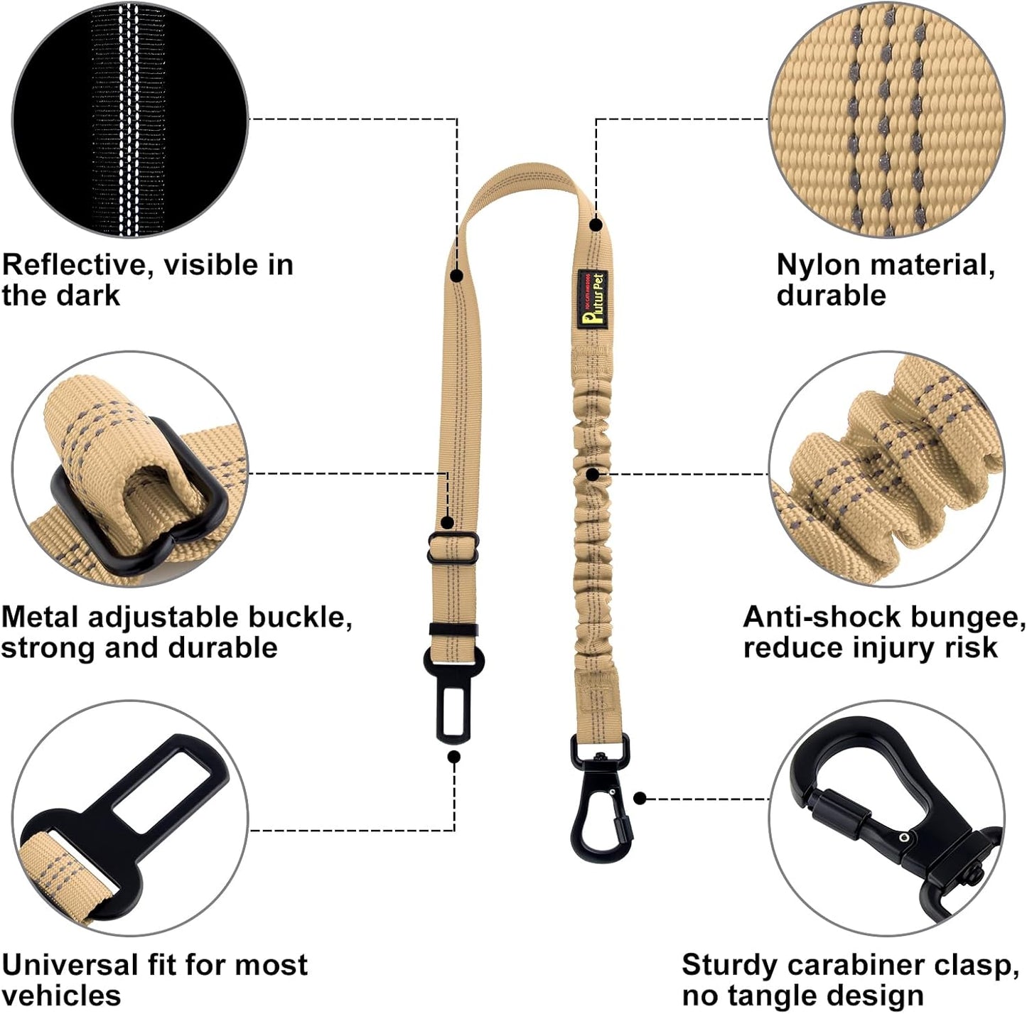 Plutus Pet Dog Seat Belt for Car, Adjustable Dog Car Harness with Carabiner Clip, Reflective Safety Dog Seatbelt Leash with Elastic Bungee, Beige