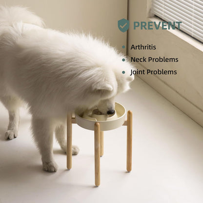 9.5inch Ceramic Raised Slow Feeder Dog Bowl Set, Elevated Bowl with Wooden Stand for Large Dog, Puzzle Slow Pet Food Dish, Anti-Gulping(Beige, Single Bowl+ Stand)