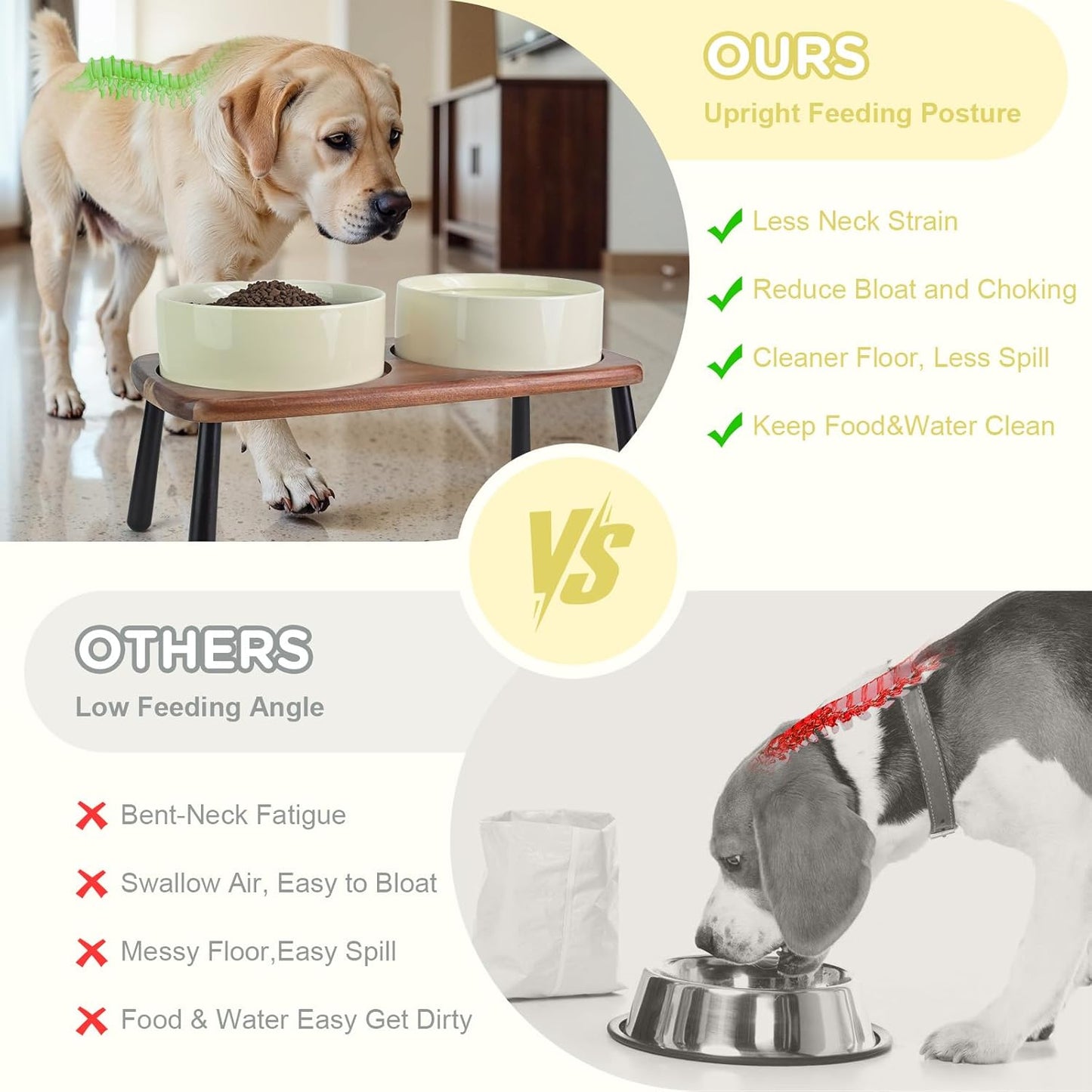 SPUNKYJUNKY Ceramic Elevated Dog Bowls Raised with Acacia Bamboo Wooden Stand, 8.3'' Dog Food Water Bowls Set Non-Slip for Medium Large Sized Breed Microwave Dishwasher Safe - 60 OZ,Beige