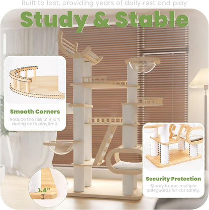 82.7'' Large Cat Tree, Modern Cat Tower with Scratching Post, Luxury Cat House, Wood Cat Tree for Indoor Cats Large Adult, Multi-Level Activity Center with Hammock, Clear Bowl, Semi-Closed Condo