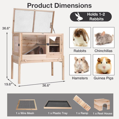 Guinea Pig Cage with Wooden Stand - Hamster Cage, Small Animal Cage Anti Chew Ramp, Hideout, Platform, Pull Out Tray (Wood, L)