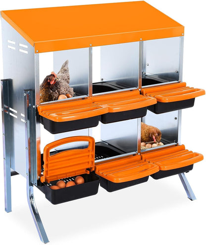 Chicken Nesting Boxes, 6 Hole Metal Chicken Laying Box with with Removable Trays and Roll Out Egg Collection for Chicken Coop, with Metal Bracket, Orange