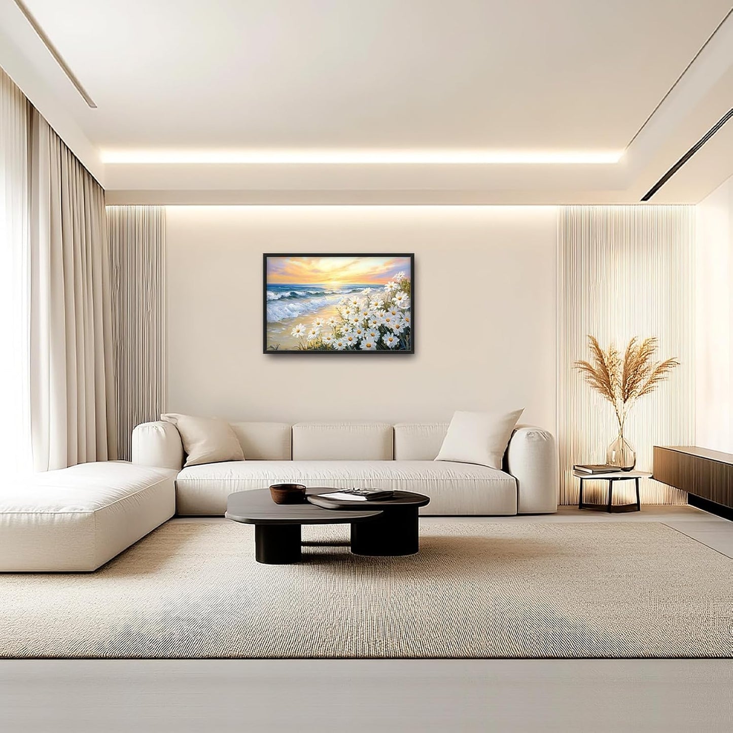 Large Beach Daisy Wall Art, Framed Coastal Beach Wall Decor for Living Room, Oversized Sunrise Canvas Painting Seascape Pictures Home Decoration for Living Room Bedroom Office 36"x24"