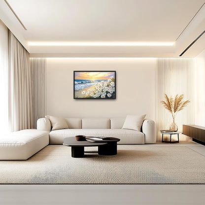 Large Beach Daisy Wall Art, Framed Coastal Beach Wall Decor for Living Room, Oversized Sunrise Canvas Painting Seascape Pictures Home Decoration for Living Room Bedroom Office 36"x24"