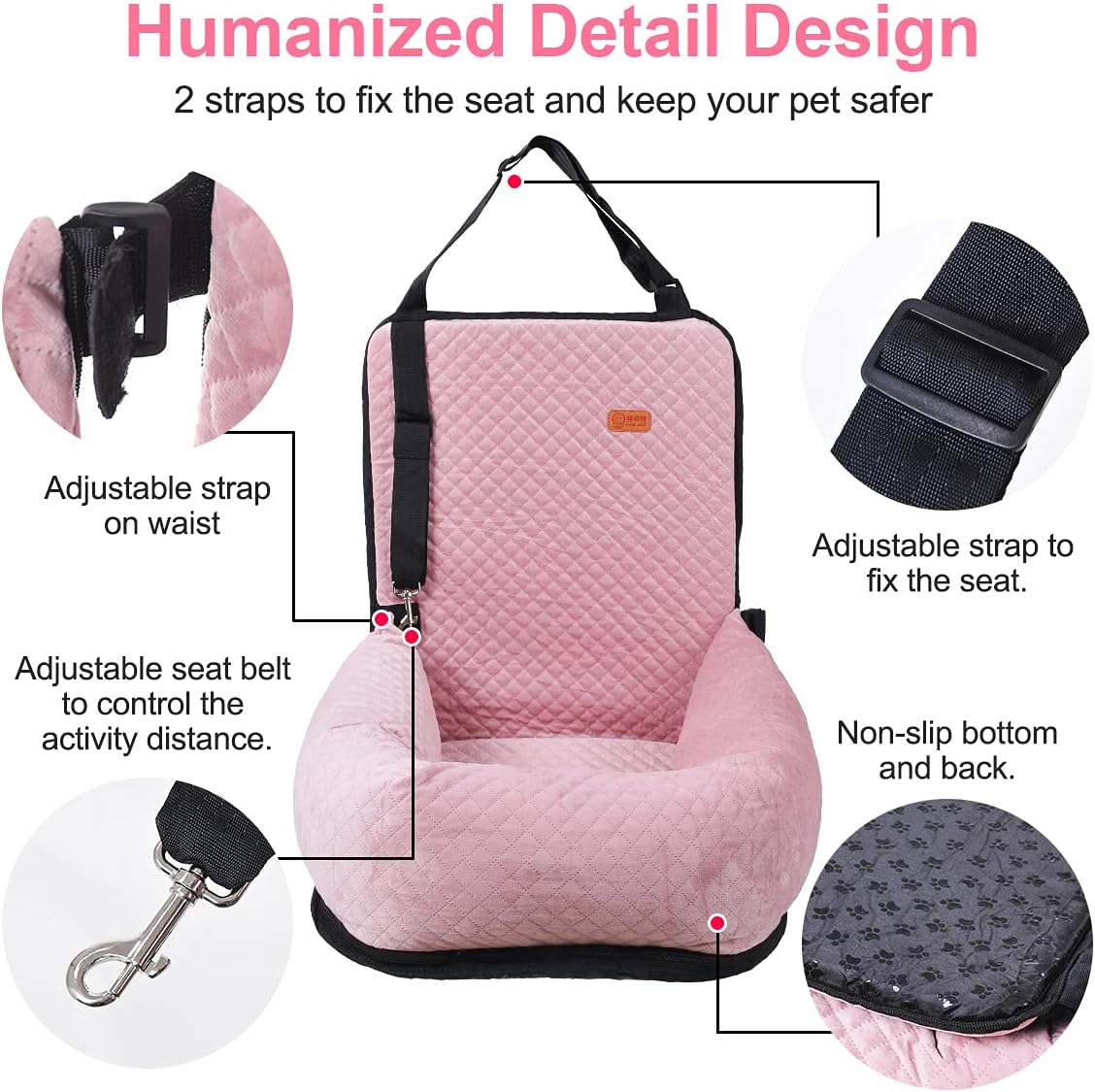 Dog Car Seat for Small Medium Dogs Up to 40lbs, Detachable Washable Soft Pet Booster Travel Bed for Front & Pink Seat with Safety Leash Belt