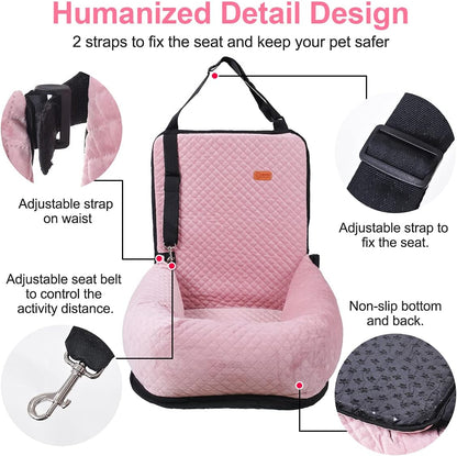 Dog Car Seat for Small Medium Dogs Up to 40lbs, Detachable Washable Soft Pet Booster Travel Bed for Front & Pink Seat with Safety Leash Belt