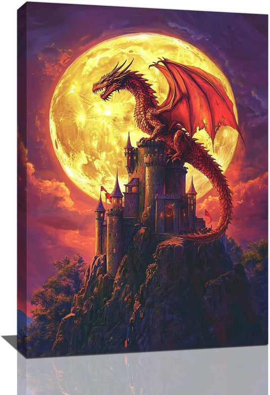 Dragon Bathroom Pictures Wall Art, Red Dragon Castle Bathroom Wall Decor, Framed Painting Canvas