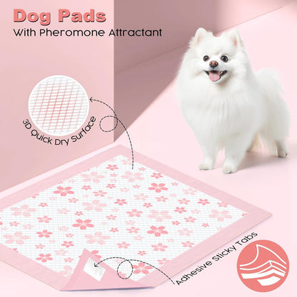 MIZOK Puppy Pads 22"x 22" with Leak-Proof Quick-Dry Design Pee Pads for Dogs Potty Training, 6-Layer Standard Absorbency Dog Pee Pads Regular Size, Pink Cherry Blossom Pattern (100 Counts)