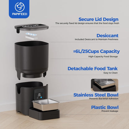 PAPIFEED 2.4G WiFi Automatic Cat Feeder, 6L/25Cup Automatic Pet Feeder with APP Control for Remote Feeding, Detachable for Easy Clean, Cat Food Dispenser with Alexa,1-10 Meals Per Day for Dog, Black