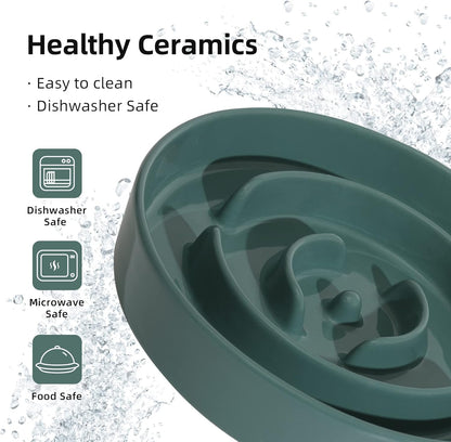 8.2inch Ceramic Slow Feeder Dog Bowl for Medium and Large Breed, Puzzle Dog Food Dish, Anti-Gulping, Pet Slow Feeder, Stop Bloat, Preventing Choking (Single Bowl-Dark Green)