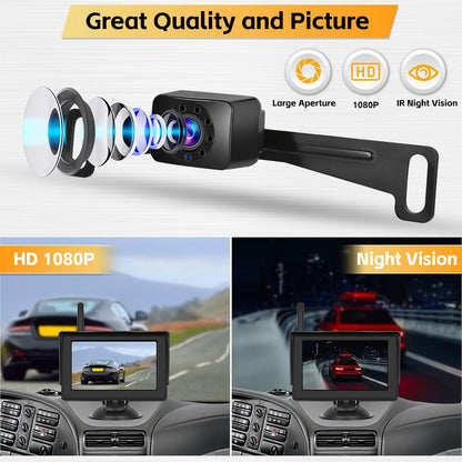 Hikity Wireless Backup Camera System 4.7 Inch Car Monitor Kit HD 1080P License Plate Rear View Camera, Digital Stable Signal, Night Version, IP68 Waterproof, Reverse Camera for Cars