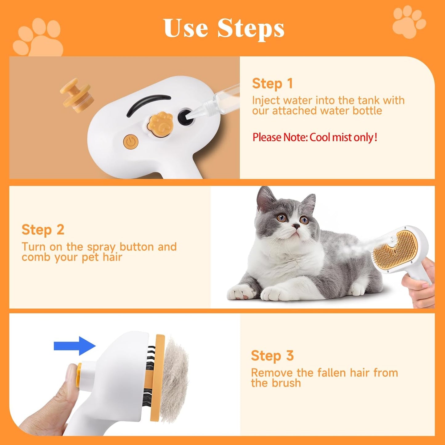 Pet Steam Brush for Dog & Cat–3-in-1 Spray Hair Removal Comb–Steam Brush for Shedding & Grooming–Water Brushes for Long & Short Haired Pets–Spritz Defur Comb–Includes Waterless Shampoo & Ear Wipes