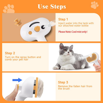 Pet Steam Brush for Dog & Cat–3-in-1 Spray Hair Removal Comb–Steam Brush for Shedding & Grooming–Water Brushes for Long & Short Haired Pets–Spritz Defur Comb–Includes Waterless Shampoo & Ear Wipes