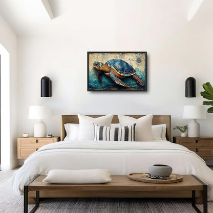 Large Nautical Turtle Wall Art for Living Room, Coastal Ocean Canvas Oversized Wall Decor, Beach Aesthetics Framed Pictures Painting Print Artwork for Bedroom Office 36L" x 24W"