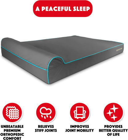 The Dog’s Bed Orthopedic Headrest Dog Bed XXXL Grey/Blue 64x44, Memory Foam, Pain Relief for Arthritis, Hip & Elbow Dysplasia, Post Surgery, Lameness, Veterinary Approved, Waterproof Washable Cover
