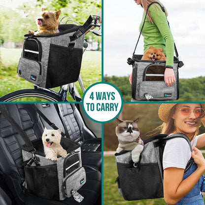 PetAmi Dog Bike Basket, Soft-Sided Ventilated Dog Bike Carrier Backpack, Pet Bicycle Basket for Bike Handlebar, Small Medium Puppy Cat Kitten Car Booster Seat with Safety Strap, Max 18 lbs, Gray