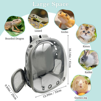 PINVNBY Bearded Dragon Carrier Backpack with Harness and Leash Set Large Reptile Travel Carrier Portable Lizard Backpack Clear Bubble Window Small Animal Carrying Bag for Gecko Kitten Rabbit (Gray)