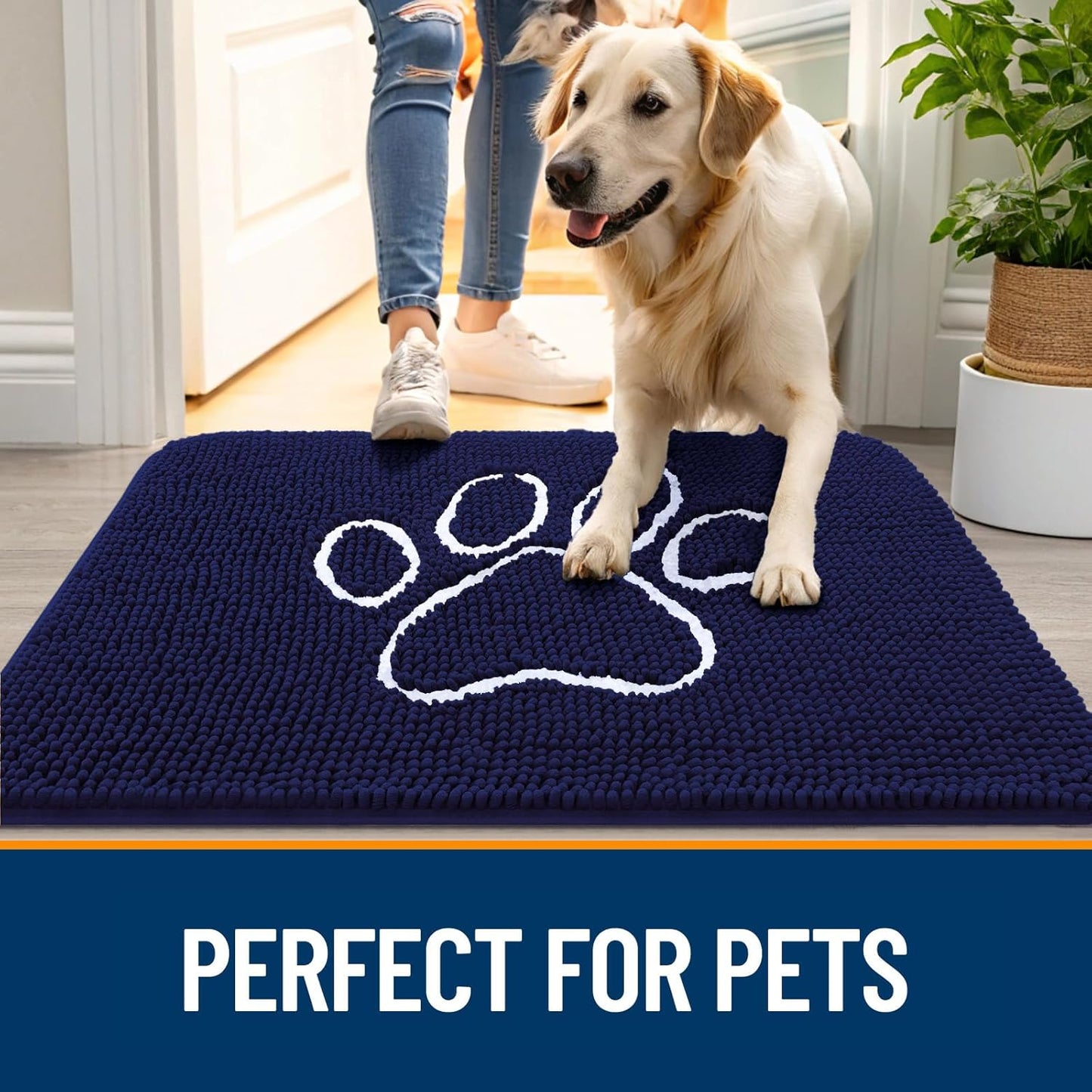 OLANLY Door Mat for Muddy Dog Paws 47x24, Ultra Absorbent Chenille Mud Doormat with Paw Print Design, Non-Slip Washable Doormat for Indoor Entryway, Quick-Dry Pet Bed Mats for Dirty Dogs, Navy Blue