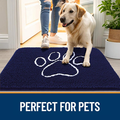 OLANLY Door Mat for Muddy Dog Paws 47x24, Ultra Absorbent Chenille Mud Doormat with Paw Print Design, Non-Slip Washable Doormat for Indoor Entryway, Quick-Dry Pet Bed Mats for Dirty Dogs, Navy Blue