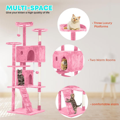 FDW Cat Tree 70in Cat Tower Multi-Level Durable Cat Scratching Post & Cozy Fun Cat Jumping Platform Space Saving Cat Condo Pet Play House for Indoor Cats,Pink